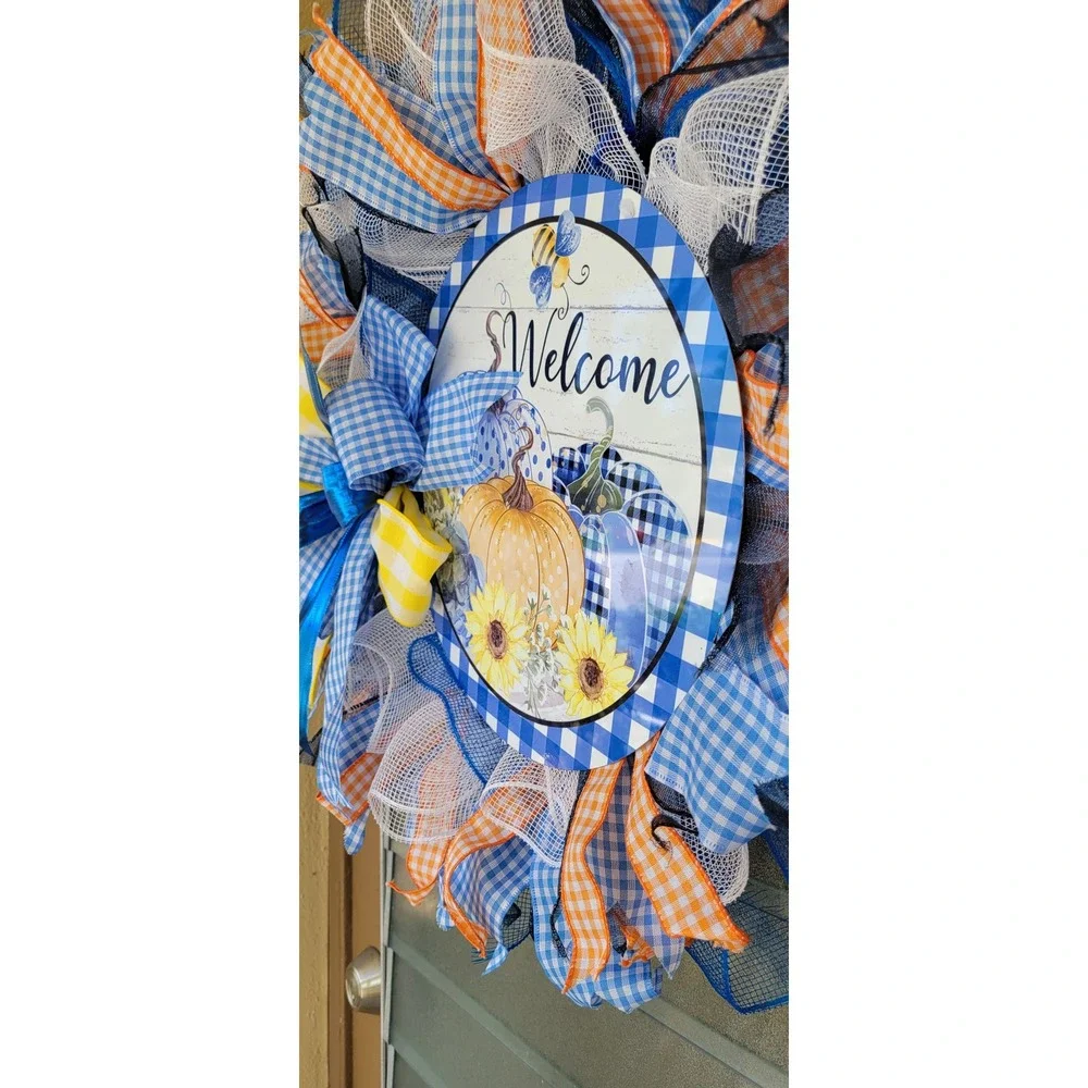 Sunflower Pumpkin Welcome Blue Orange Sunflower Pancake wreath  Holiday decor